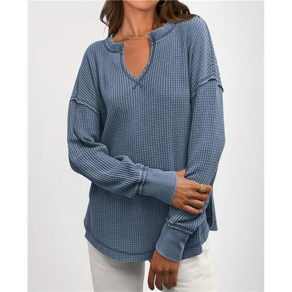 PRETTYGARDEN Waffle Knit V Neck Long Sleeve Tunic Top Oversized Split Hem - Picture 6 of 7
